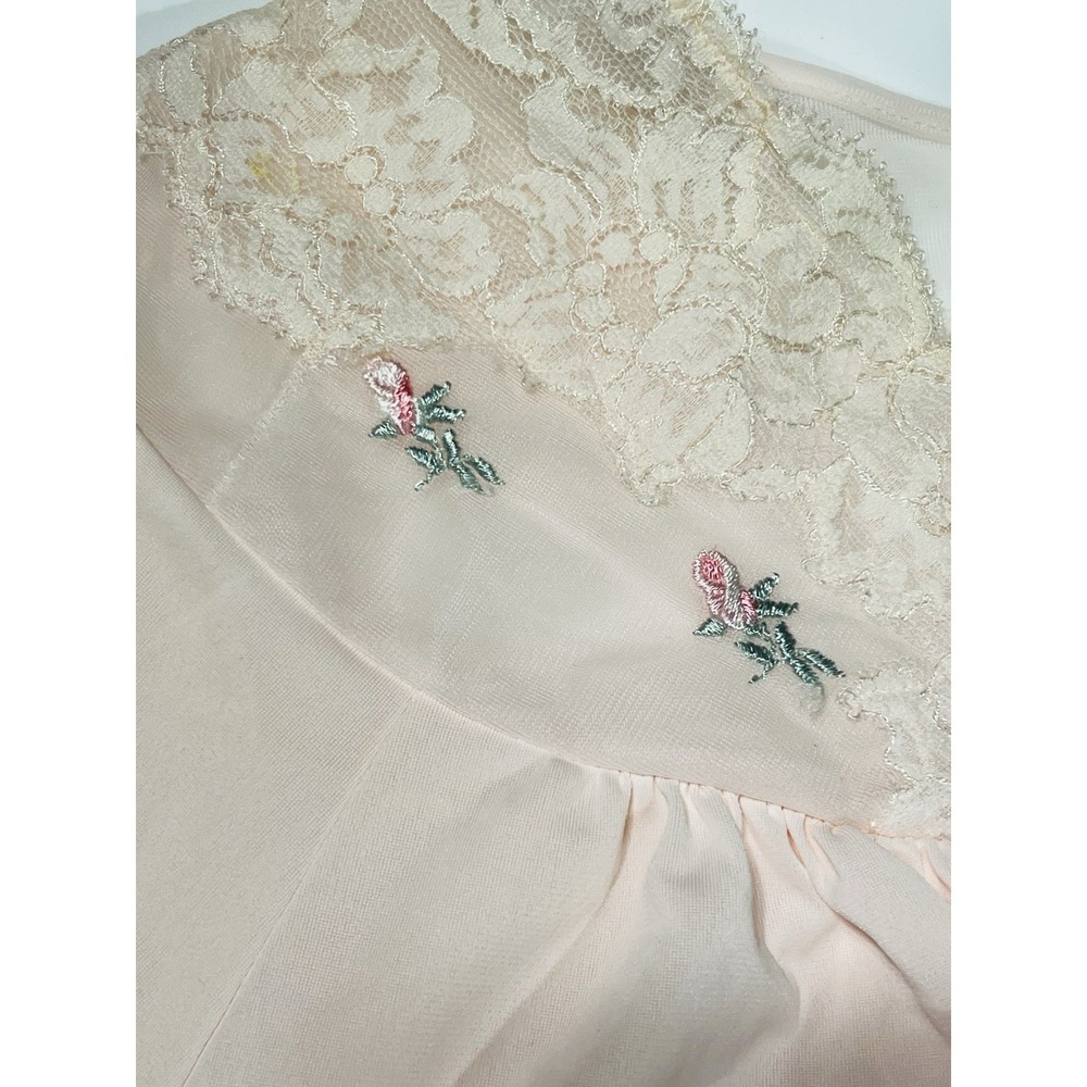 Shadowline Long Robe Pink Peach Nylon Lace Button Front Romantic VTG Size Large - Picture 3 of 11